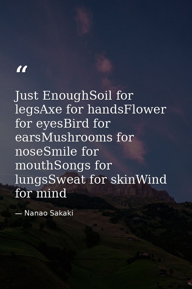 Just EnoughSoil for legsAxe for handsFlower for eyesBird for earsMushrooms for noseSmile for mouthSongs for lungsSweat f — Nanao Sakaki