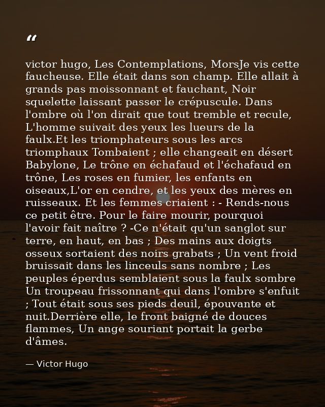 victor hugo, Les Contemplations, MorsJe vis cette faucheuse. Elle était dans son champ. Elle allait à grands pas moisson — Victor Hugo
