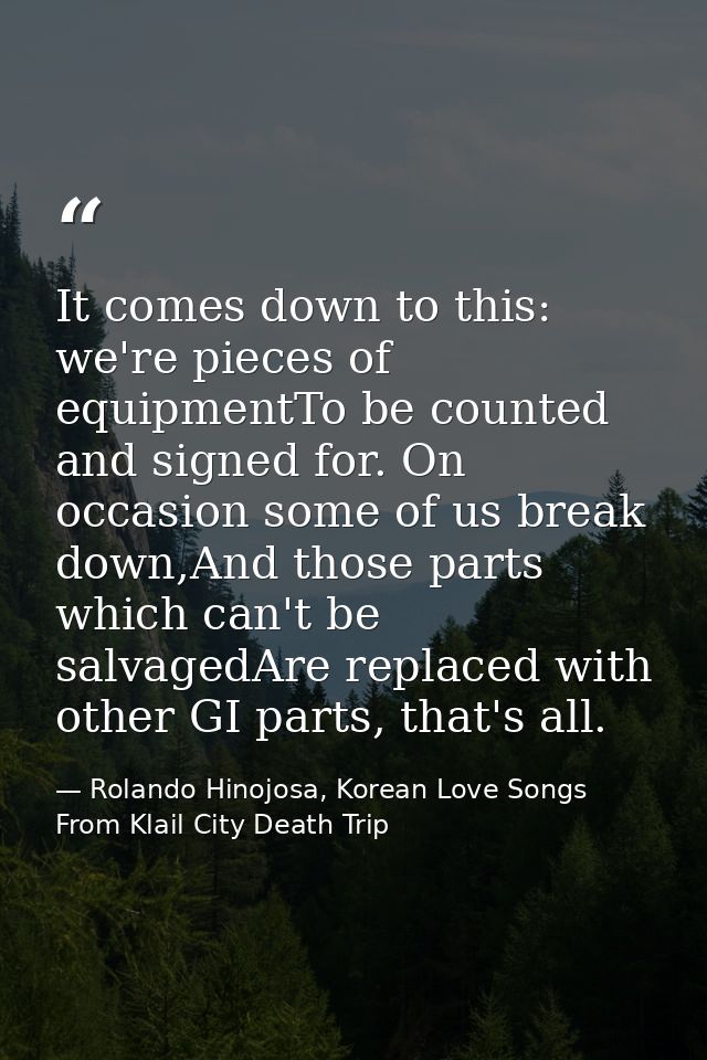 It comes down to this: we're pieces of equipmentTo be counted and signed for. On occasion some of us break down,And thos — Rolando Hinojosa, Korean Love Songs From Klail City Death Trip