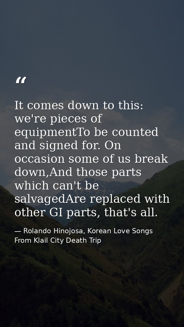 It comes down to this: we're pieces of equipmentTo be counted and signed for. On occasion some of us break down,And thos — Rolando Hinojosa, Korean Love Songs From Klail City Death Trip