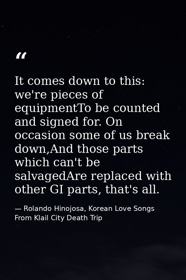 It comes down to this: we're pieces of equipmentTo be counted and signed for. On occasion some of us break down,And thos — Rolando Hinojosa, Korean Love Songs From Klail City Death Trip