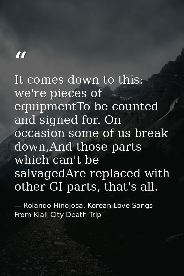 It comes down to this: we're pieces of equipmentTo be counted and signed for. On occasion some of us break down,And thos — Rolando Hinojosa, Korean Love Songs From Klail City Death Trip