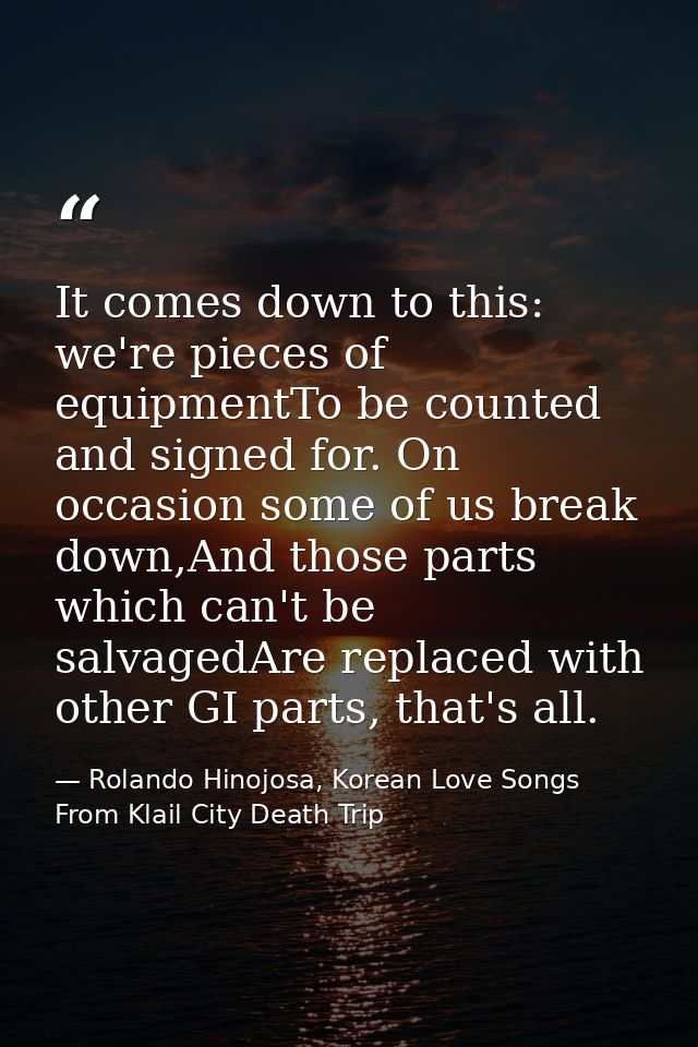 It comes down to this: we're pieces of equipmentTo be counted and signed for. On occasion some of us break down,And thos — Rolando Hinojosa, Korean Love Songs From Klail City Death Trip