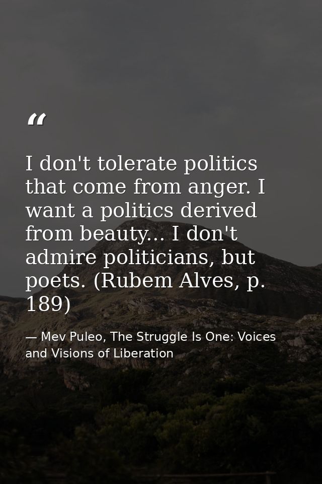 I don't tolerate politics that come from anger. I want a politics derived from beauty... I don't admire politicians, but — Mev Puleo, The Struggle Is One: Voices and Visions of Liberation