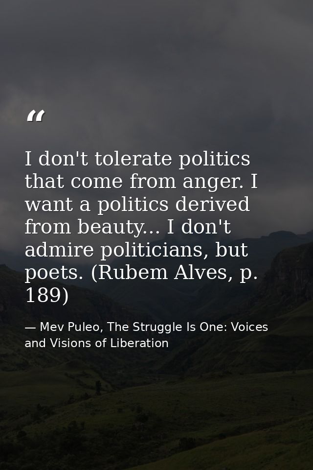 I don't tolerate politics that come from anger. I want a politics derived from beauty... I don't admire politicians, but — Mev Puleo, The Struggle Is One: Voices and Visions of Liberation