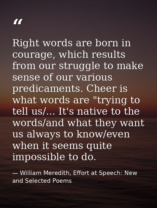 Right words are born in courage, which results from our struggle to make sense of our various predicaments. Cheer is wha — William Meredith, Effort at Speech: New and Selected Poems