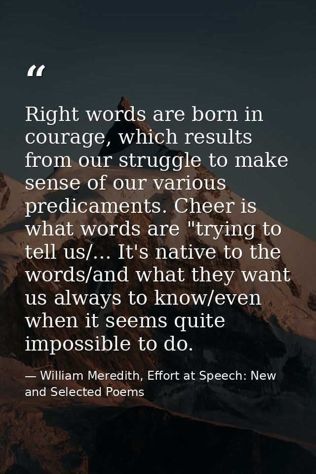 Right words are born in courage, which results from our struggle to make sense of our various predicaments. Cheer is wha — William Meredith, Effort at Speech: New and Selected Poems