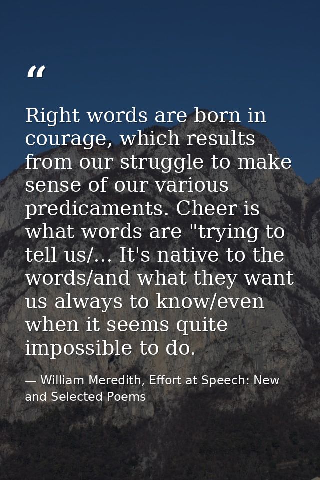 Right words are born in courage, which results from our struggle to make sense of our various predicaments. Cheer is wha — William Meredith, Effort at Speech: New and Selected Poems