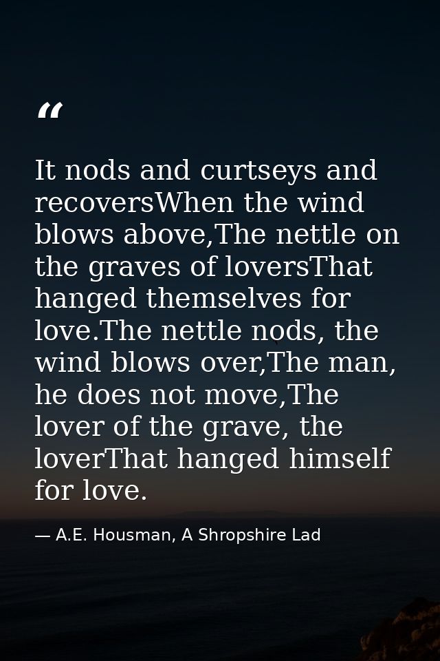 It nods and curtseys and recoversWhen the wind blows above,The nettle on the graves of loversThat hanged themselves for  — A.E. Housman, A Shropshire Lad
