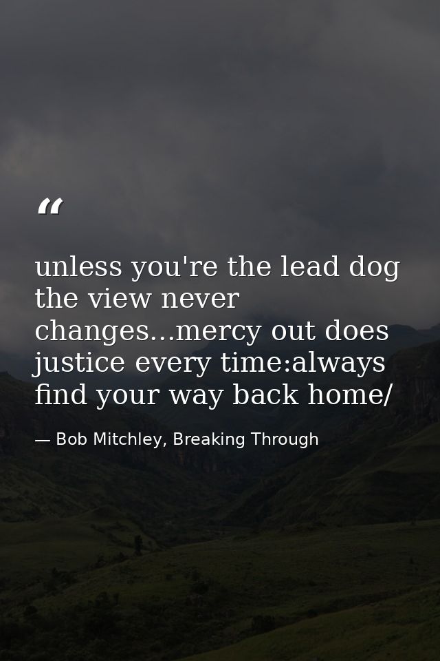 unless you're the lead dog the view never changes...mercy out does justice every time:always find your way back home/ — Bob Mitchley, Breaking Through