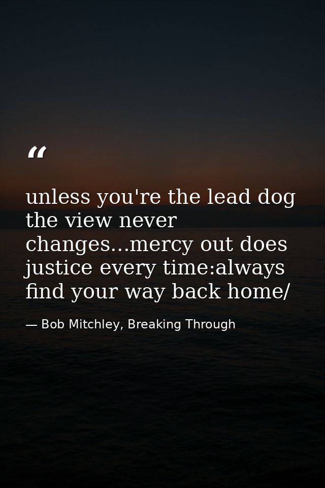 unless you're the lead dog the view never changes...mercy out does justice every time:always find your way back home/ — Bob Mitchley, Breaking Through