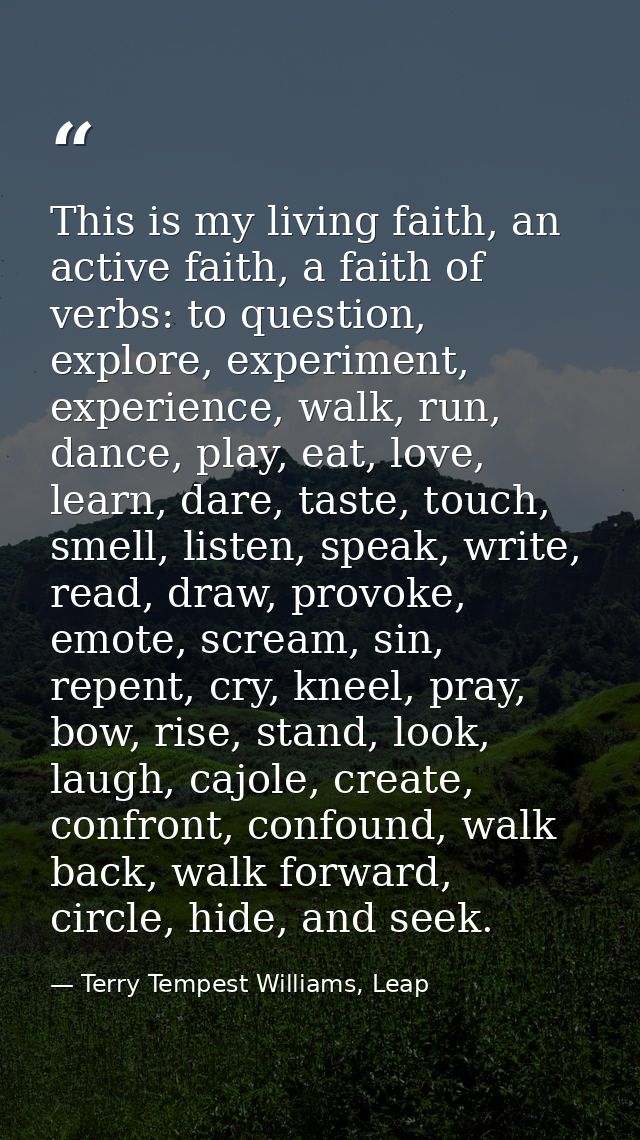 This is my living faith, an active faith, a faith of verbs: to question, explore, experiment, experience, walk, run, dan — Terry Tempest Williams, Leap
