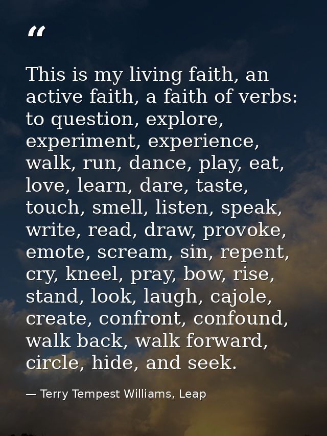This is my living faith, an active faith, a faith of verbs: to question, explore, experiment, experience, walk, run, dan — Terry Tempest Williams, Leap