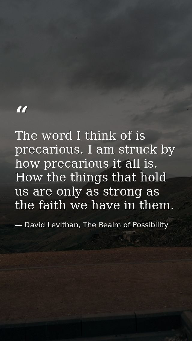 The word I think of is precarious. I am struck by how precarious it all is. How the things that hold us are only as stro — David Levithan, The Realm of Possibility