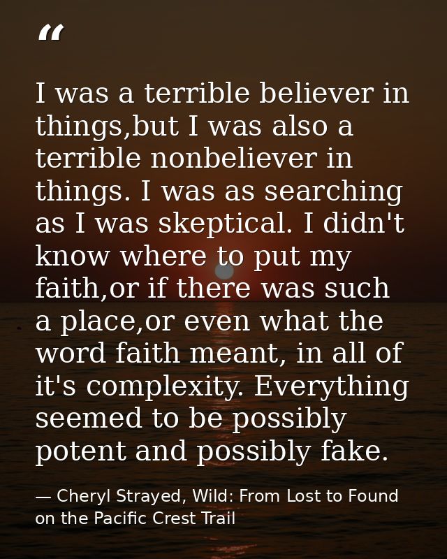 I was a terrible believer in things,but I was also a terrible nonbeliever in things. I was as searching as I was skeptic — Cheryl Strayed, Wild: From Lost to Found on the Pacific Crest Trail