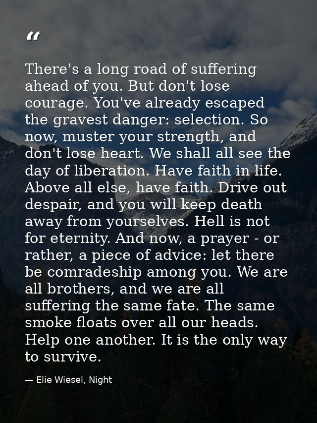There's a long road of suffering ahead of you. But don't lose courage. You've already escaped the gravest danger: select — Elie Wiesel, Night