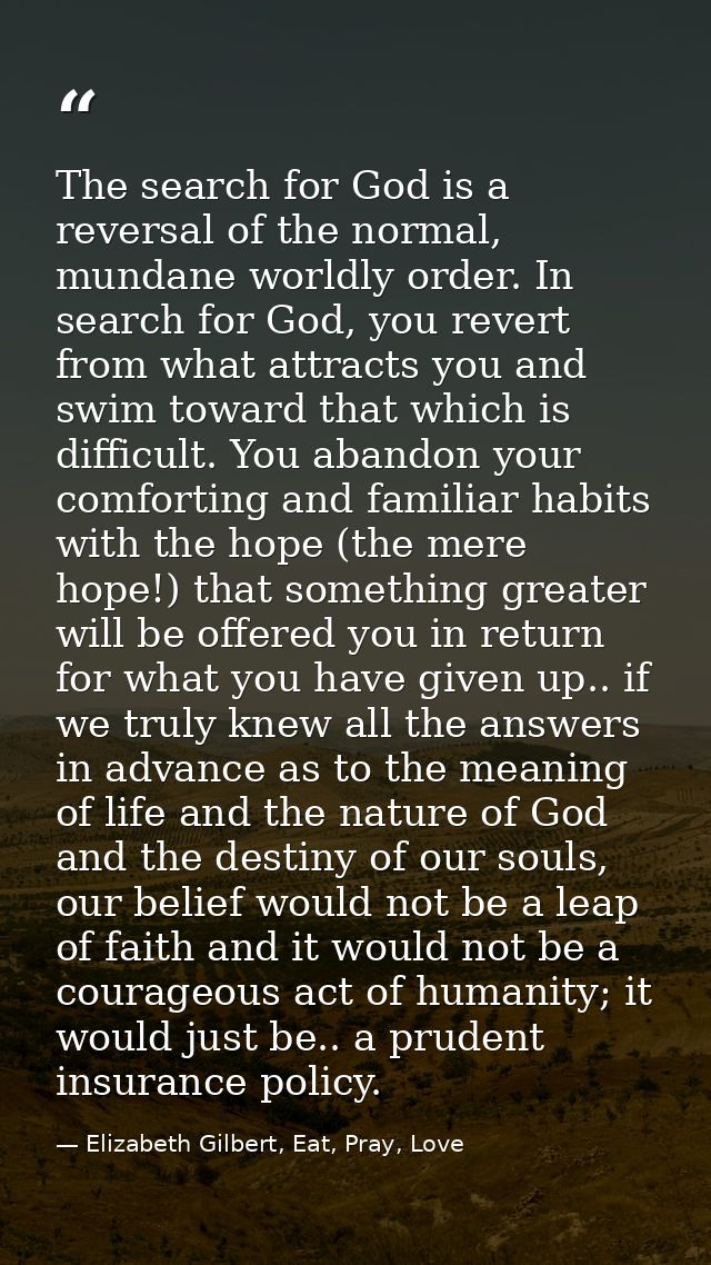 The search for God is a reversal of the normal, mundane worldly order. In search for God, you revert from what attracts  — Elizabeth Gilbert, Eat, Pray, Love