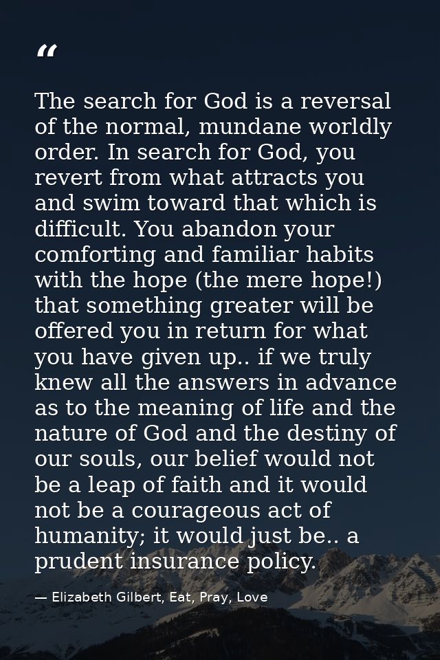 The search for God is a reversal of the normal, mundane worldly order. In search for God, you revert from what attracts  — Elizabeth Gilbert, Eat, Pray, Love