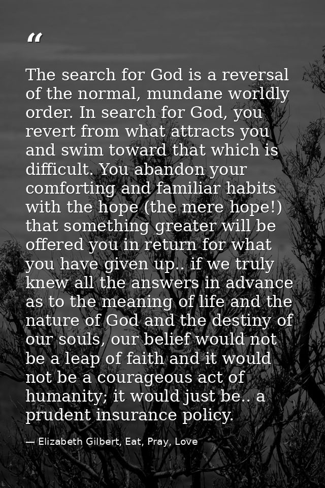 The search for God is a reversal of the normal, mundane worldly order. In search for God, you revert from what attracts  — Elizabeth Gilbert, Eat, Pray, Love