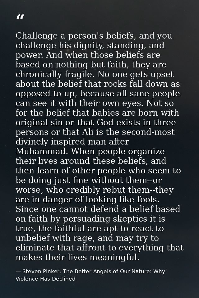 Challenge a person's beliefs, and you challenge his dignity, standing, and power. And when those beliefs are based on no — Steven Pinker, The Better Angels of Our Nature: Why Violence Has Declined