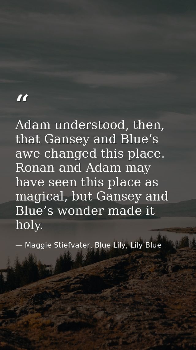 Adam understood, then, that Gansey and Blue’s awe changed this place. Ronan and Adam may have seen this place as magical — Maggie Stiefvater, Blue Lily, Lily Blue