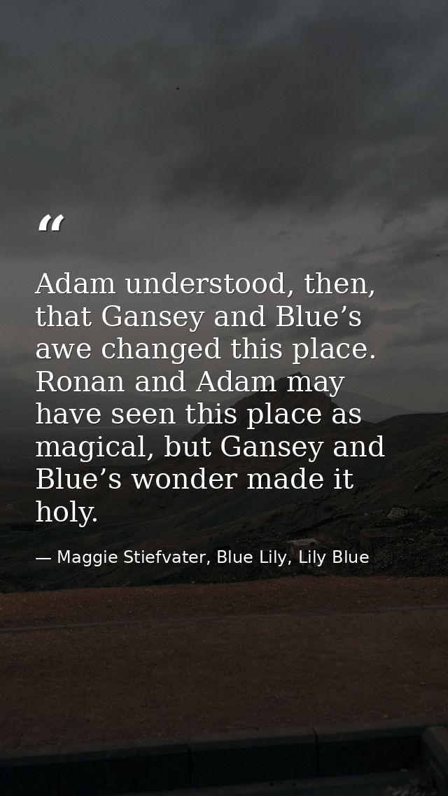 Adam understood, then, that Gansey and Blue’s awe changed this place. Ronan and Adam may have seen this place as magical — Maggie Stiefvater, Blue Lily, Lily Blue