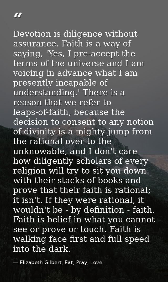 Devotion is diligence without assurance. Faith is a way of saying, 'Yes, I pre-accept the terms of the universe and I am — Elizabeth Gilbert, Eat, Pray, Love
