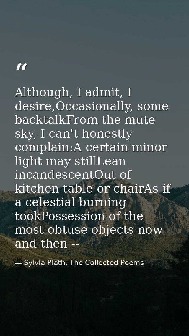 Although, I admit, I desire,Occasionally, some backtalkFrom the mute sky, I can't honestly complain:A certain minor ligh — Sylvia Plath, The Collected Poems