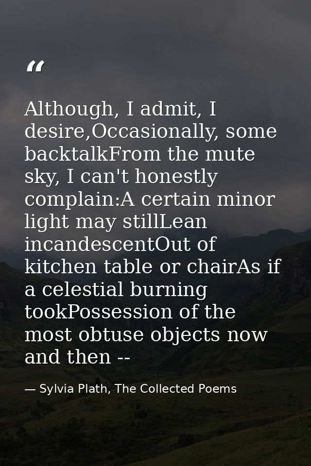 Although, I admit, I desire,Occasionally, some backtalkFrom the mute sky, I can't honestly complain:A certain minor ligh — Sylvia Plath, The Collected Poems