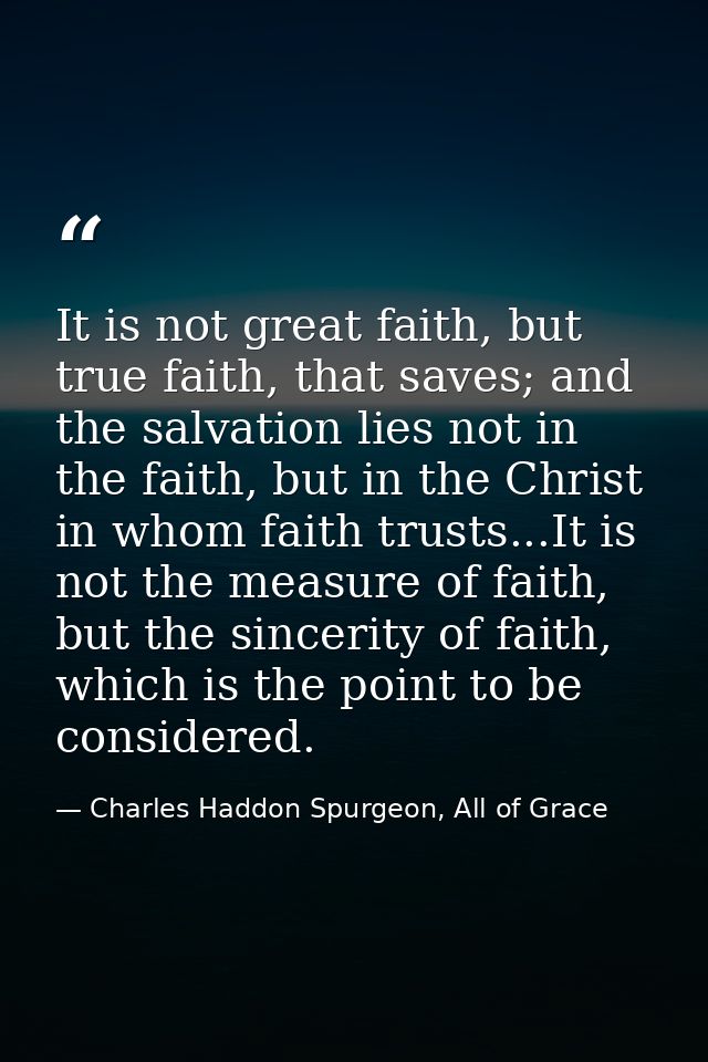 It is not great faith, but true faith, that saves; and the salvation lies not in the faith, but in the Christ in whom fa — Charles Haddon Spurgeon, All of Grace