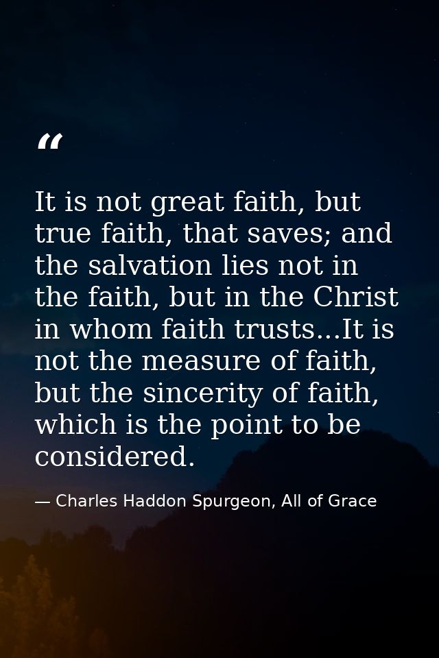 It is not great faith, but true faith, that saves; and the salvation lies not in the faith, but in the Christ in whom fa — Charles Haddon Spurgeon, All of Grace