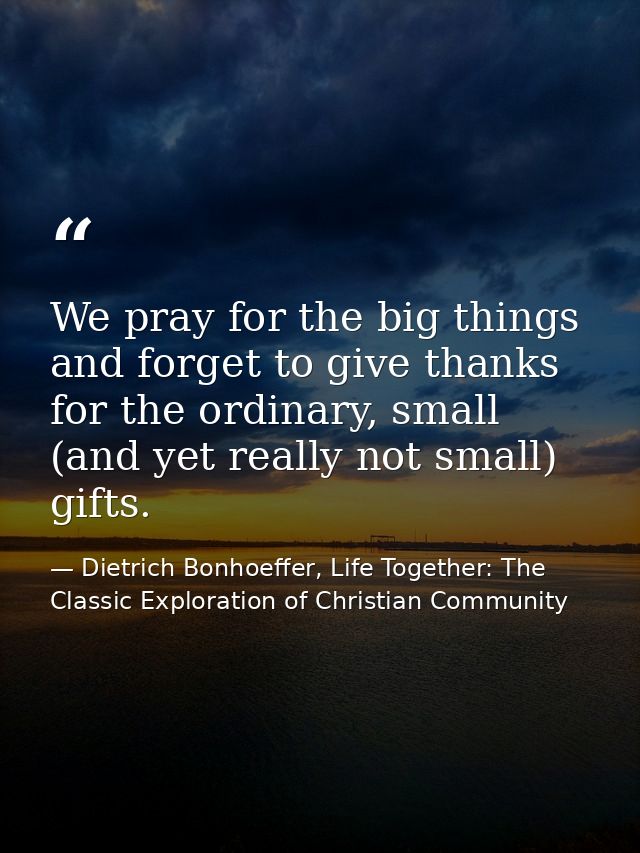 We pray for the big things and forget to give thanks for the ordinary, small (and yet really not small) gifts. — Dietrich Bonhoeffer, Life Together: The Classic Exploration of Christian Community
