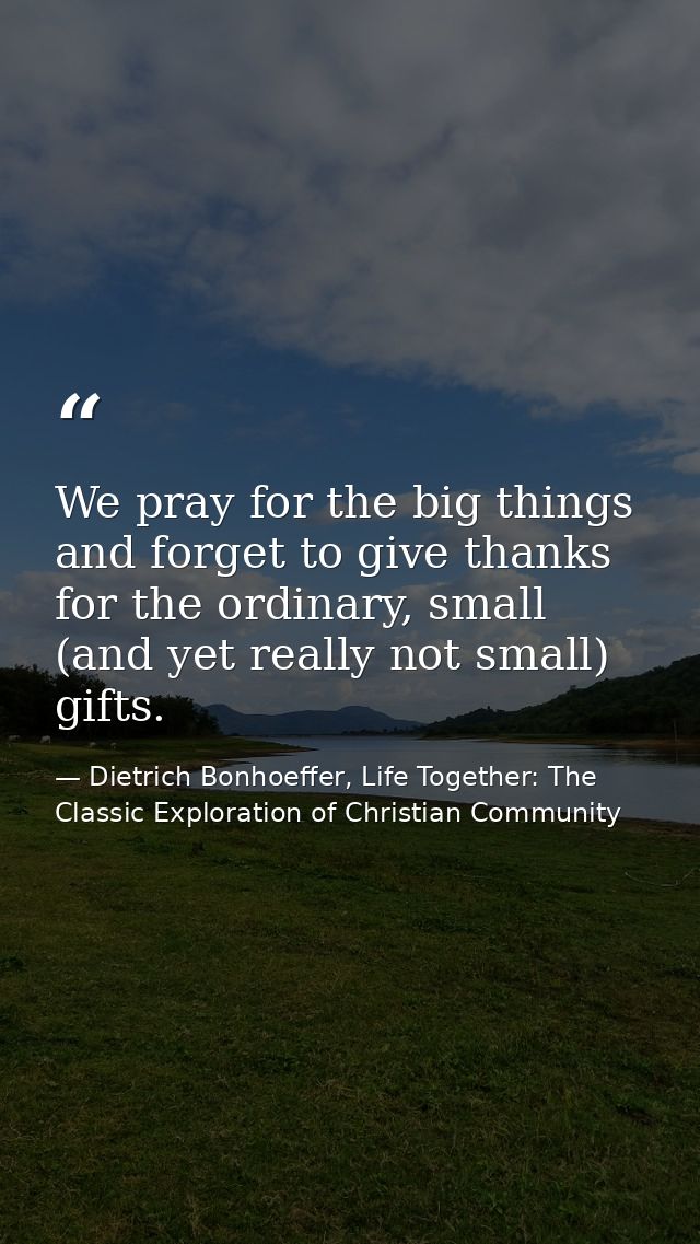 We pray for the big things and forget to give thanks for the ordinary, small (and yet really not small) gifts. — Dietrich Bonhoeffer, Life Together: The Classic Exploration of Christian Community