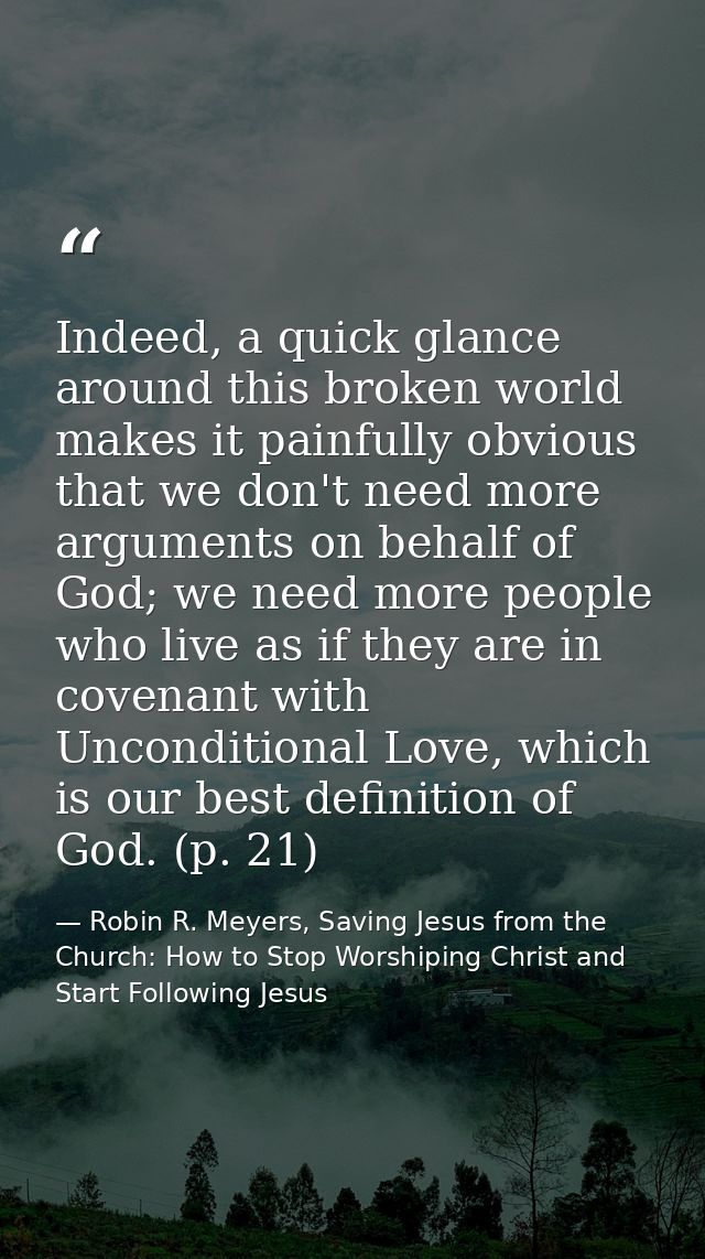 Indeed, a quick glance around this broken world makes it painfully obvious that we don't need more arguments on behalf o — Robin R. Meyers, Saving Jesus from the Church: How to Stop Worshiping Christ and Start Following Jesus