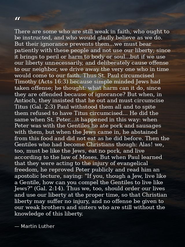 There are some who are still weak in faith, who ought to be instructed, and who would gladly believe as we do. But their — Martin Luther