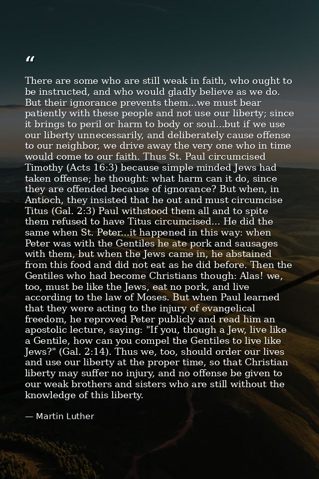 There are some who are still weak in faith, who ought to be instructed, and who would gladly believe as we do. But their — Martin Luther