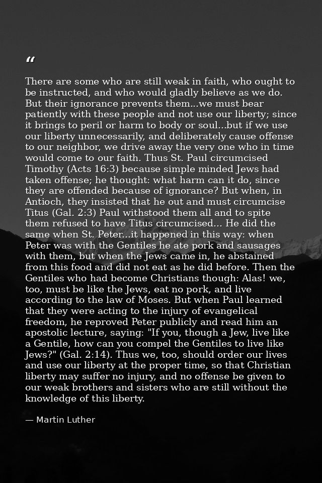 There are some who are still weak in faith, who ought to be instructed, and who would gladly believe as we do. But their — Martin Luther