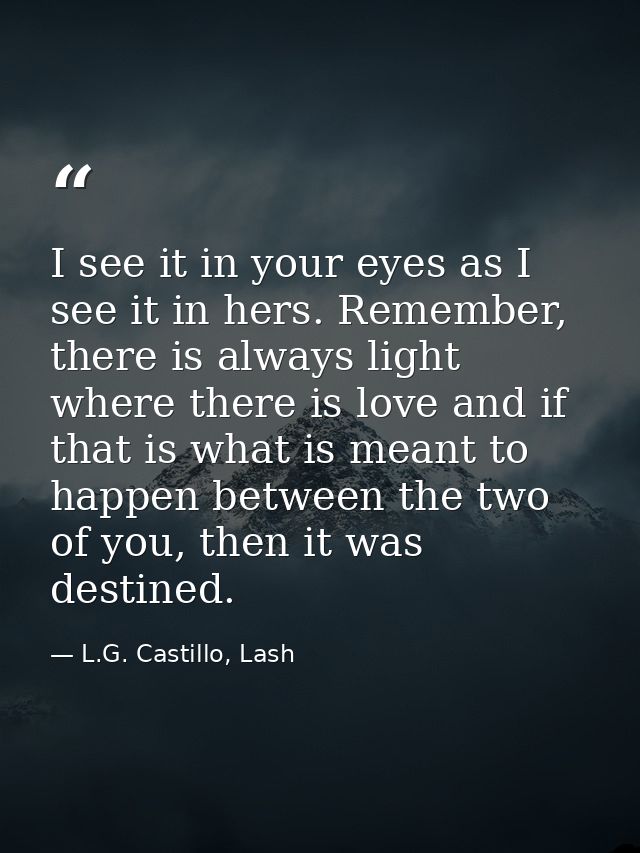 I see it in your eyes as I see it in hers. Remember, there is always light where there is love and if that is what is me — L.G. Castillo, Lash