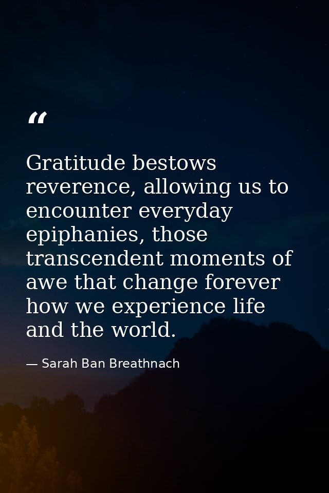 Gratitude bestows reverence, allowing us to encounter everyday epiphanies, those transcendent moments of awe that change — Sarah Ban Breathnach