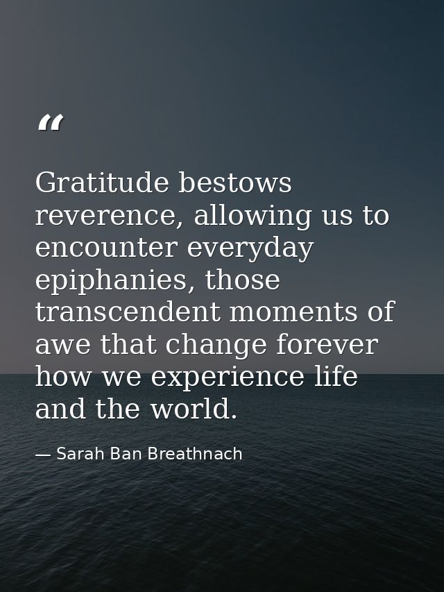 Gratitude bestows reverence, allowing us to encounter everyday epiphanies, those transcendent moments of awe that change — Sarah Ban Breathnach