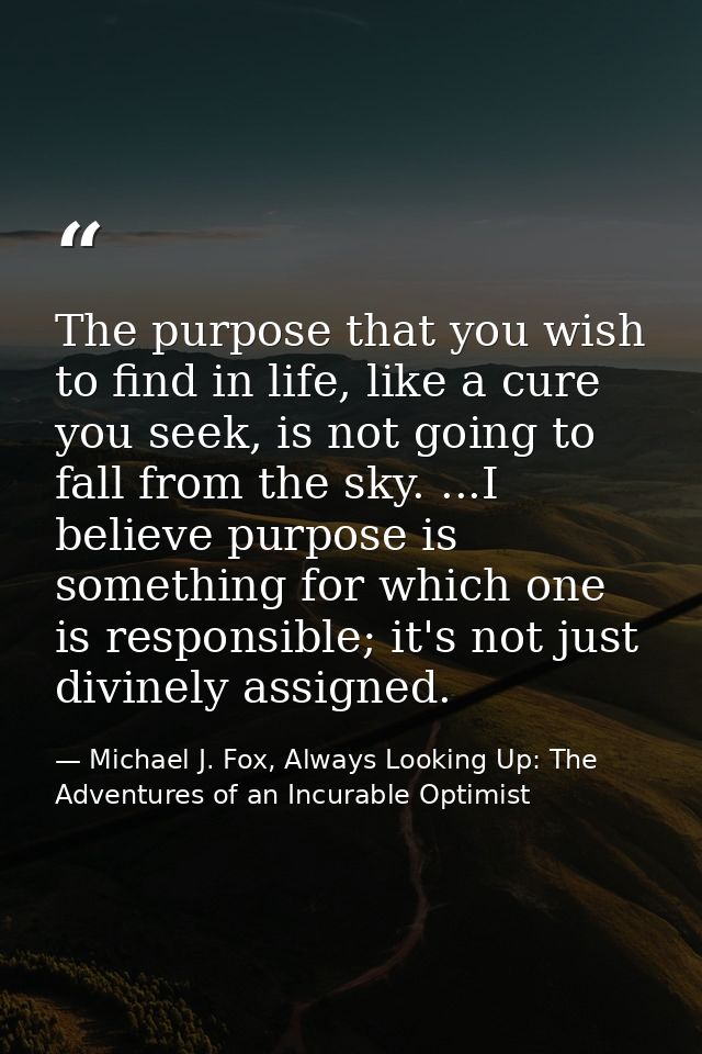 The purpose that you wish to find in life, like a cure you seek, is not going to fall from the sky. ...I believe purpose — Michael J. Fox, Always Looking Up: The Adventures of an Incurable Optimist