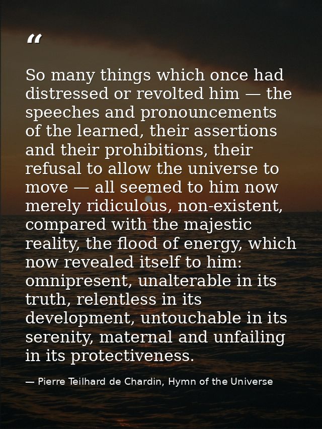 So many things which once had distressed or revolted him — the speeches and pronouncements of the learned, their asserti — Pierre Teilhard de Chardin, Hymn of the Universe