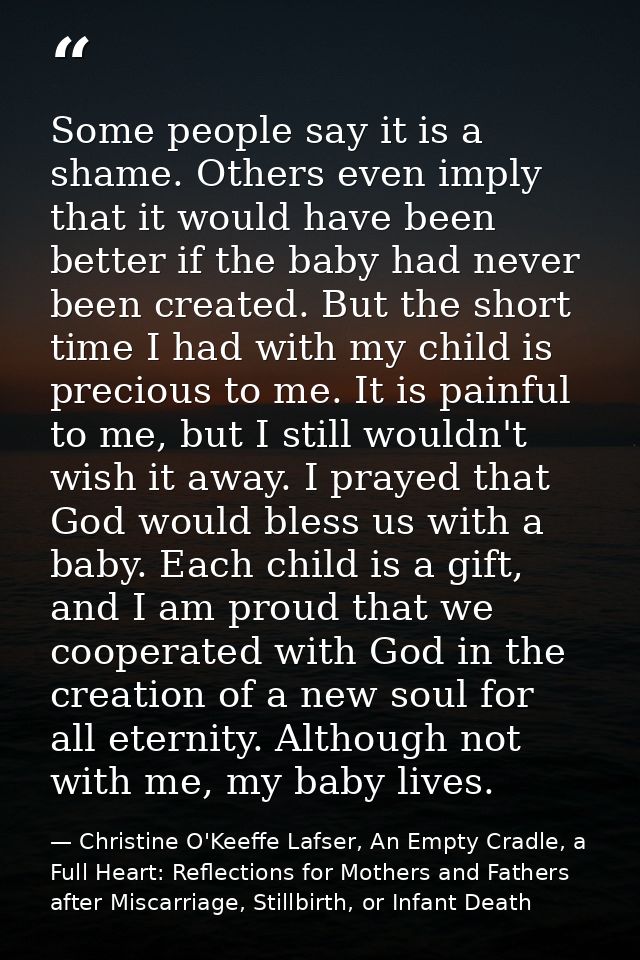 Some people say it is a shame. Others even imply that it would have been better if the baby had never been created. But  — Christine O'Keeffe Lafser, An Empty Cradle, a Full Heart: Reflections for Mothers and Fathers after Miscarriage, Stillbirth, or Infant Death