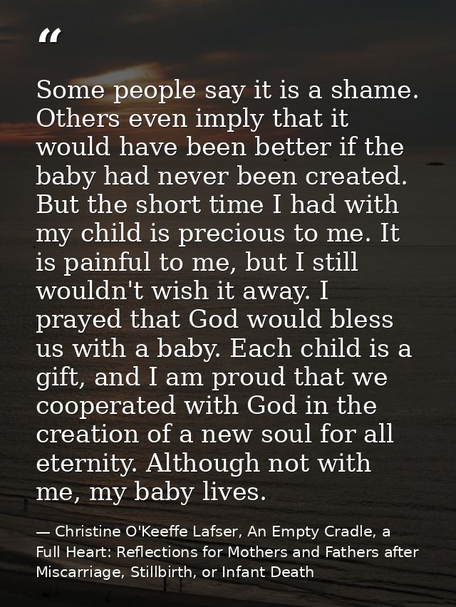 Some people say it is a shame. Others even imply that it would have been better if the baby had never been created. But  — Christine O'Keeffe Lafser, An Empty Cradle, a Full Heart: Reflections for Mothers and Fathers after Miscarriage, Stillbirth, or Infant Death