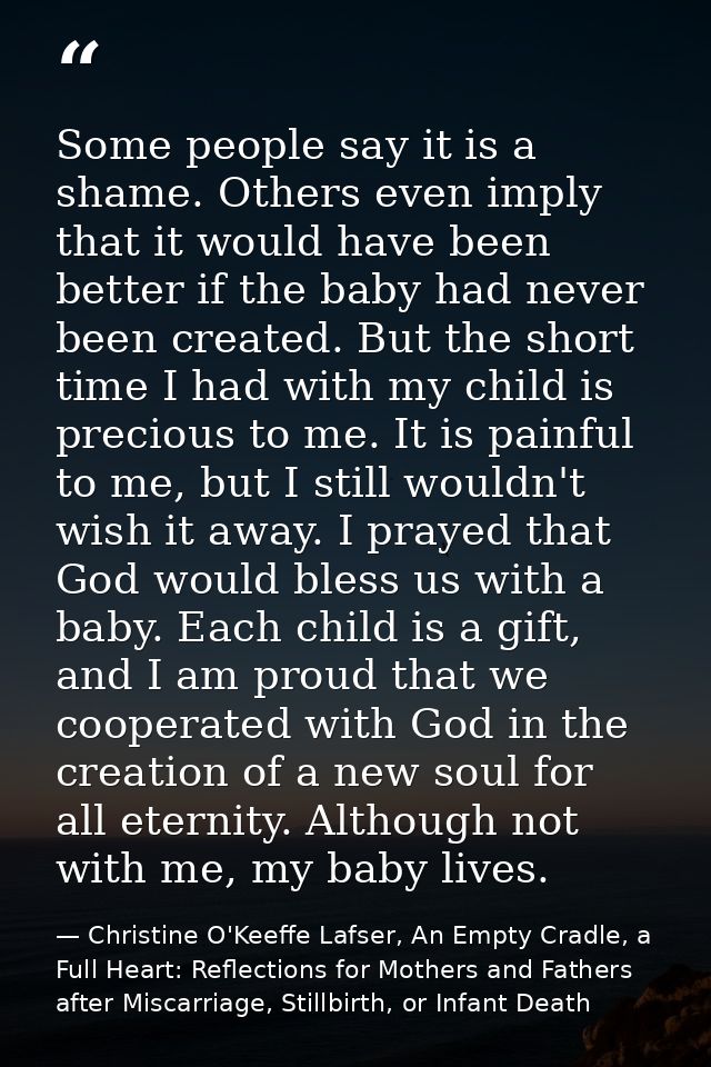 Some people say it is a shame. Others even imply that it would have been better if the baby had never been created. But  — Christine O'Keeffe Lafser, An Empty Cradle, a Full Heart: Reflections for Mothers and Fathers after Miscarriage, Stillbirth, or Infant Death