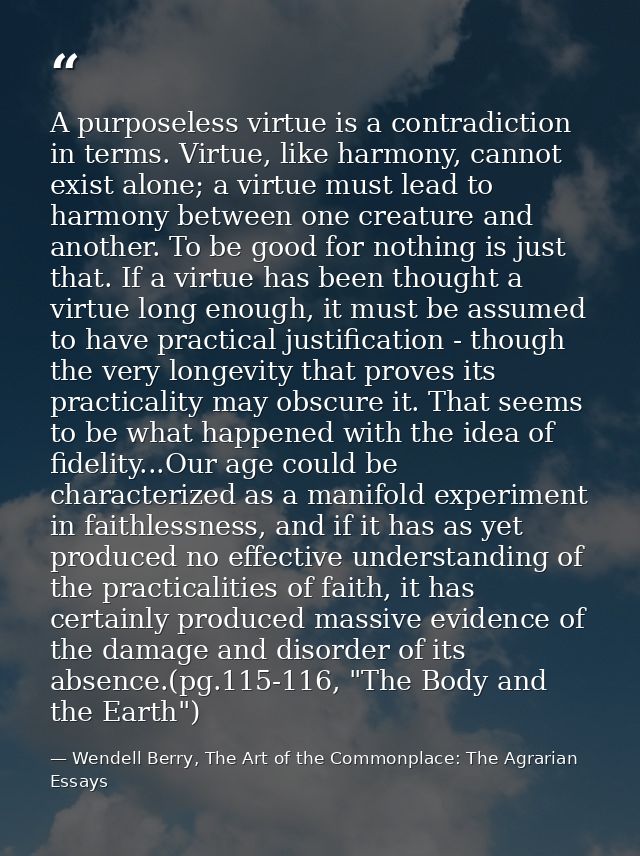 A purposeless virtue is a contradiction in terms. Virtue, like harmony, cannot exist alone; a virtue must lead to harmon — Wendell Berry, The Art of the Commonplace: The Agrarian Essays