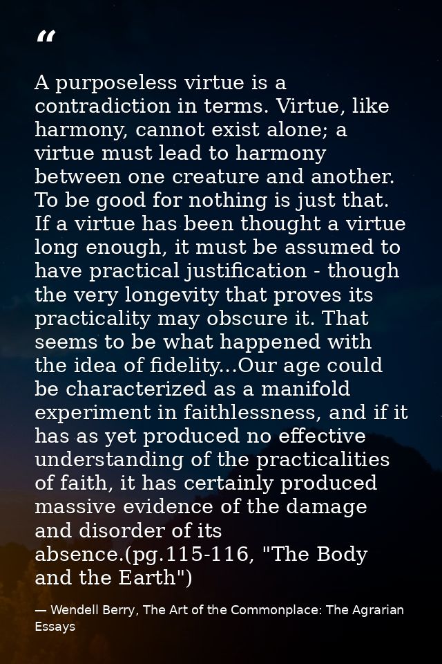 A purposeless virtue is a contradiction in terms. Virtue, like harmony, cannot exist alone; a virtue must lead to harmon — Wendell Berry, The Art of the Commonplace: The Agrarian Essays