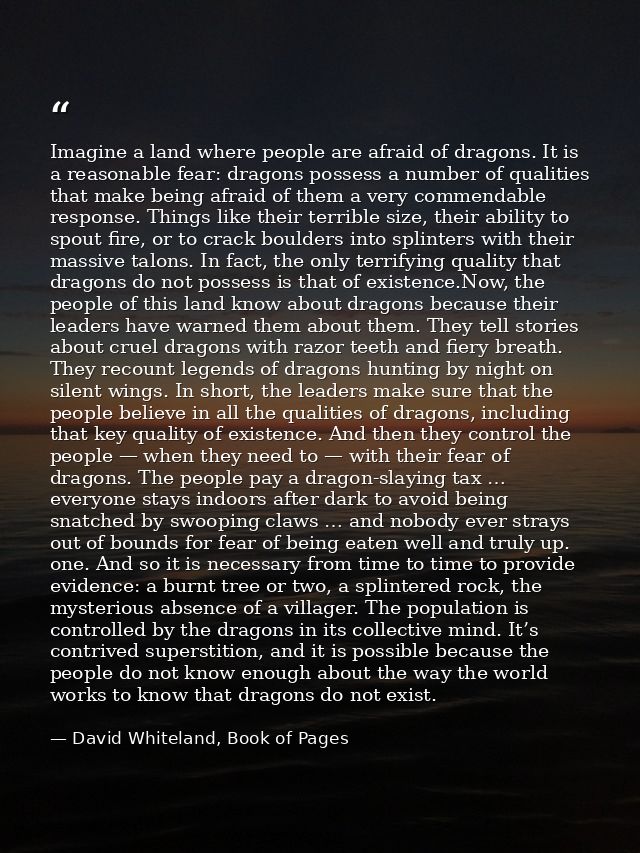 Imagine a land where people are afraid of dragons. It is a reasonable fear: dragons possess a number of qualities that m — David Whiteland, Book of Pages