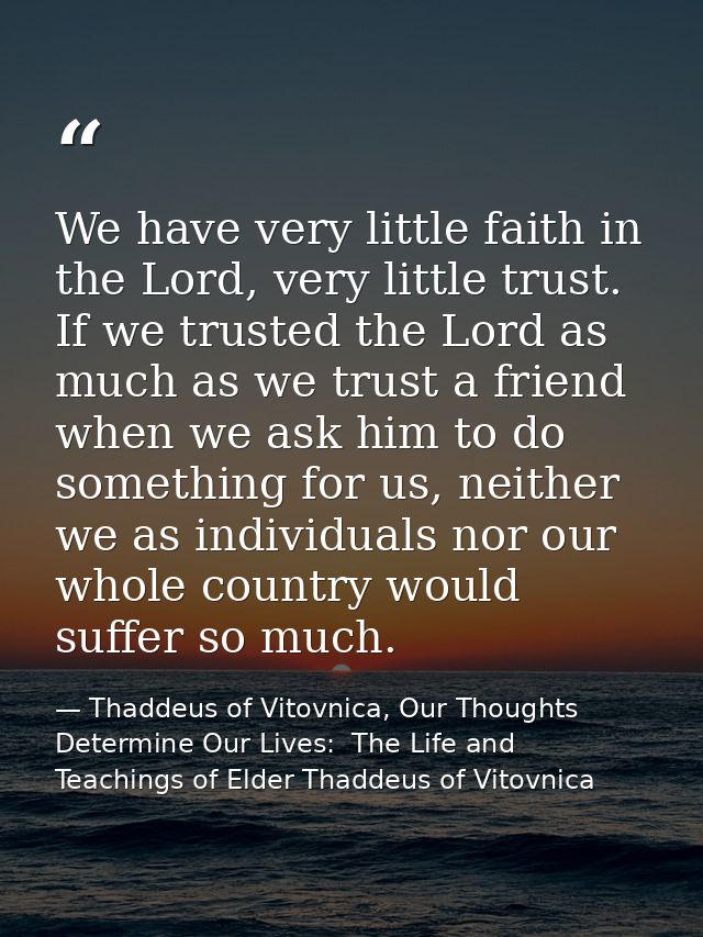 We have very little faith in the Lord, very little trust. If we trusted the Lord as much as we trust a friend when we as — Thaddeus of Vitovnica, Our Thoughts Determine Our Lives:  The Life and Teachings of Elder Thaddeus of Vitovnica