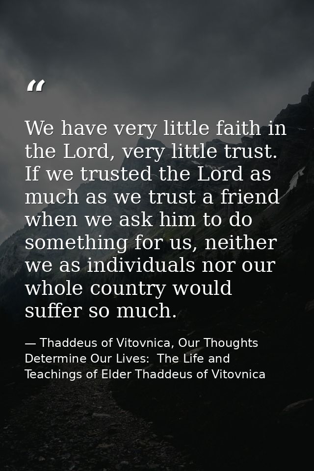 We have very little faith in the Lord, very little trust. If we trusted the Lord as much as we trust a friend when we as — Thaddeus of Vitovnica, Our Thoughts Determine Our Lives:  The Life and Teachings of Elder Thaddeus of Vitovnica
